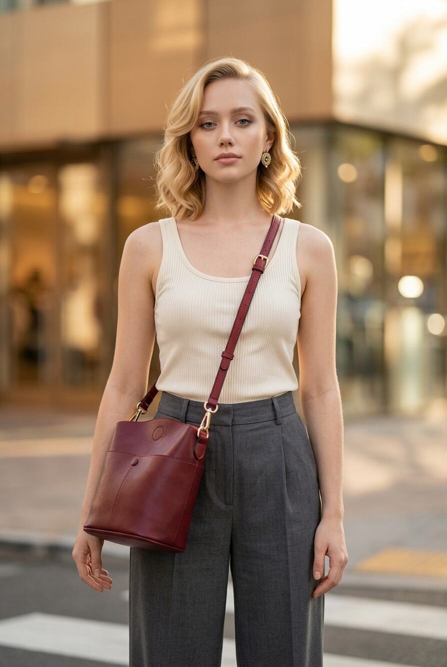 NWT S-ZONE cowhide genuine leather crossbody bucket bag in burgundy 11x10x5